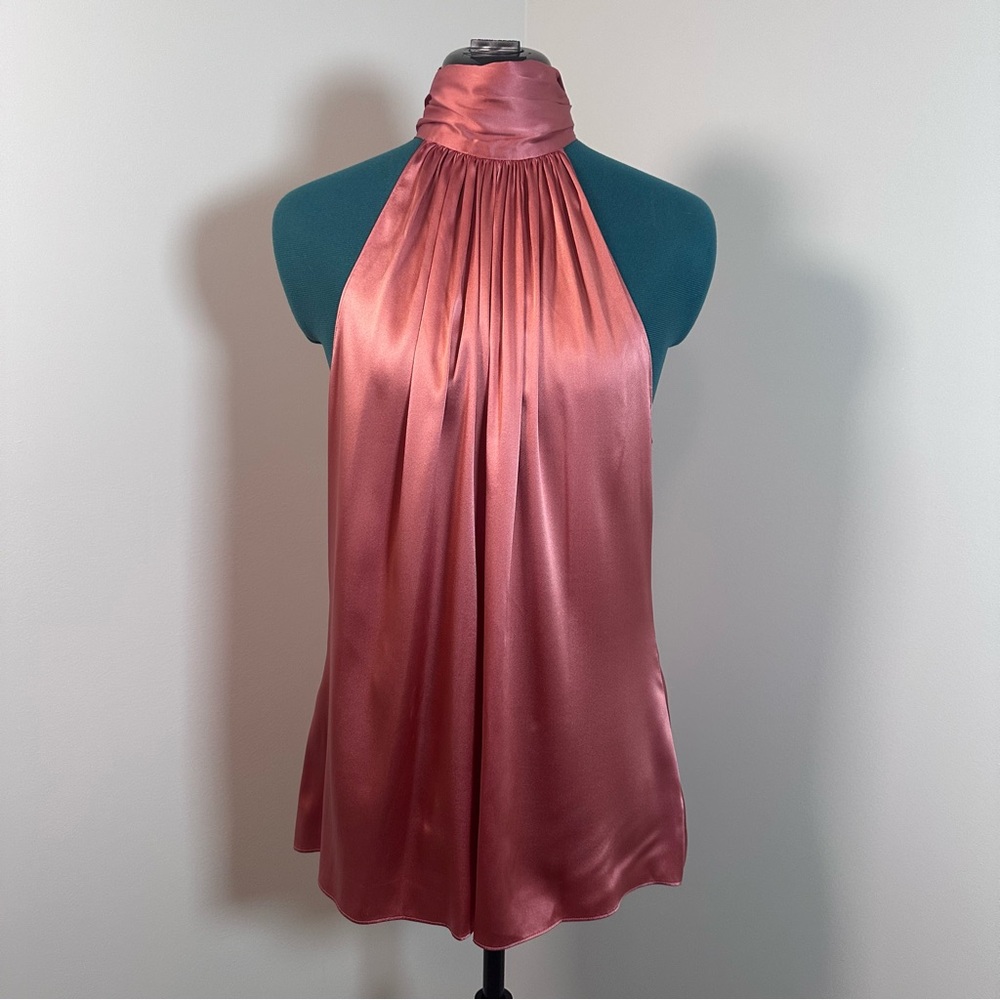 Ramy Brook Lori Silk High Neck Bow Halter Blouse in Deep Blush - Size Large